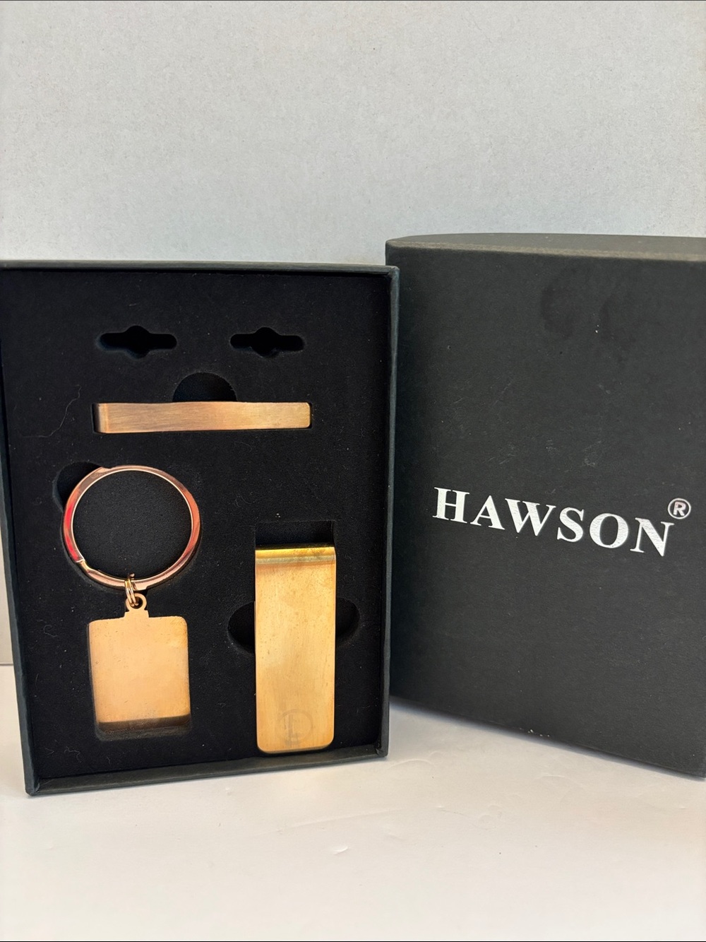 HAWSON Vintage Gold Engraveable Keychain, Tie, Money Clip Gift Set